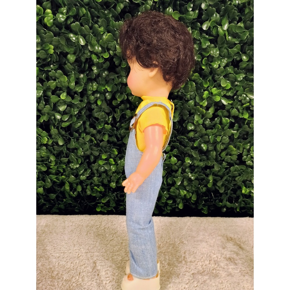 Vintage Plastic Doll Blue Overalls Yellow Shirt Blue Eyes Curly Hair Hong Kong - Picture 9 of 10